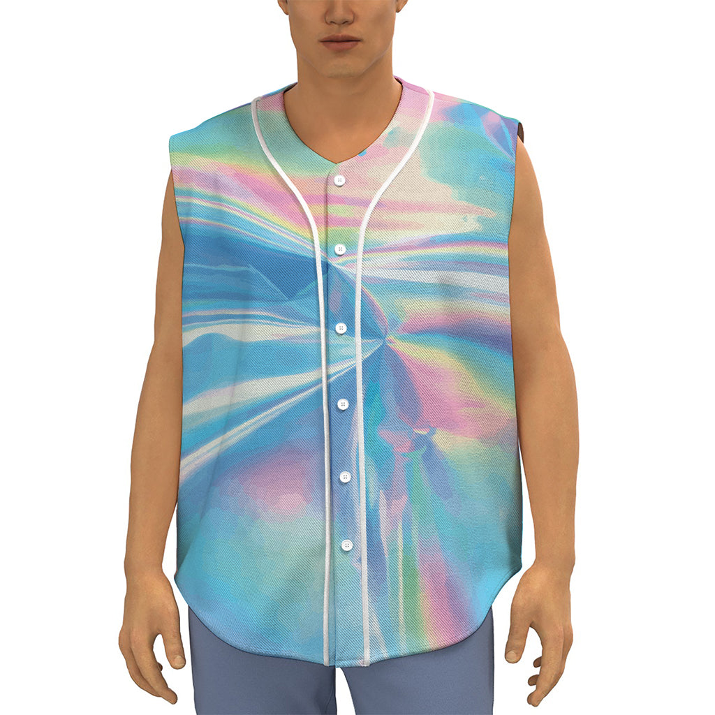 Blue Holographic Print Sleeveless Baseball Jersey