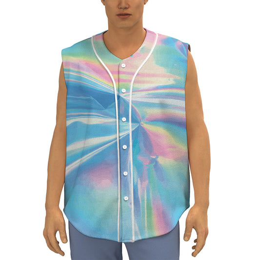 Blue Holographic Print Sleeveless Baseball Jersey