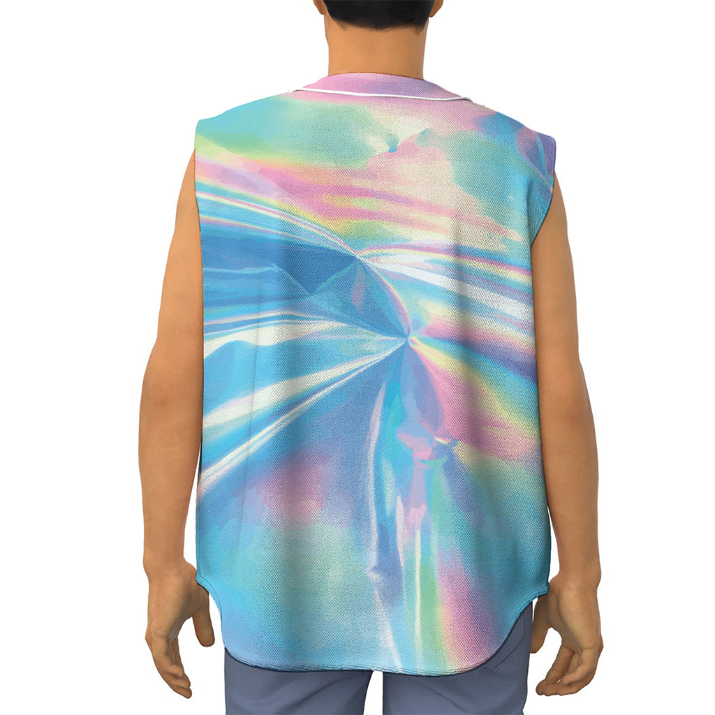Blue Holographic Print Sleeveless Baseball Jersey