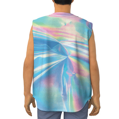Blue Holographic Print Sleeveless Baseball Jersey