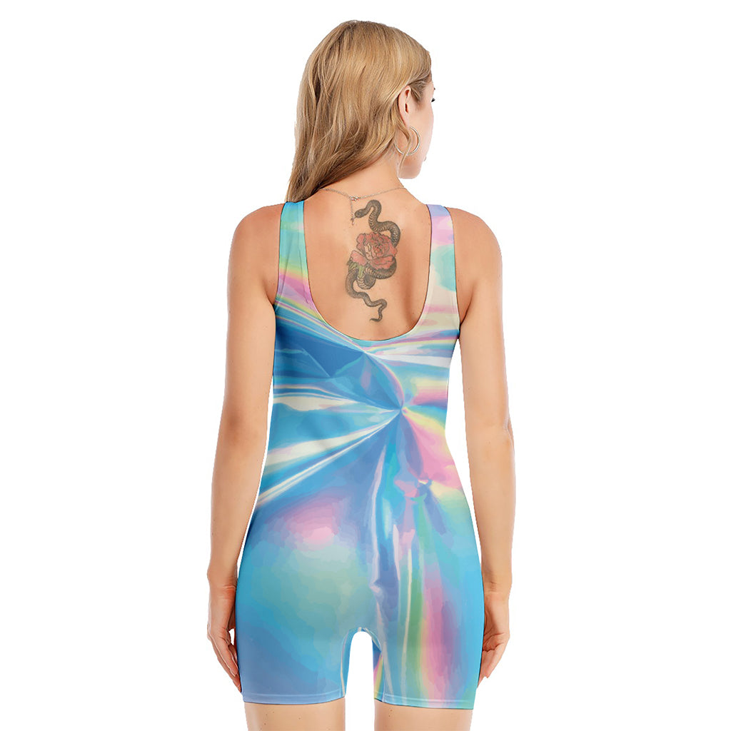 Blue Holographic Print Sleeveless One Piece Swimsuit