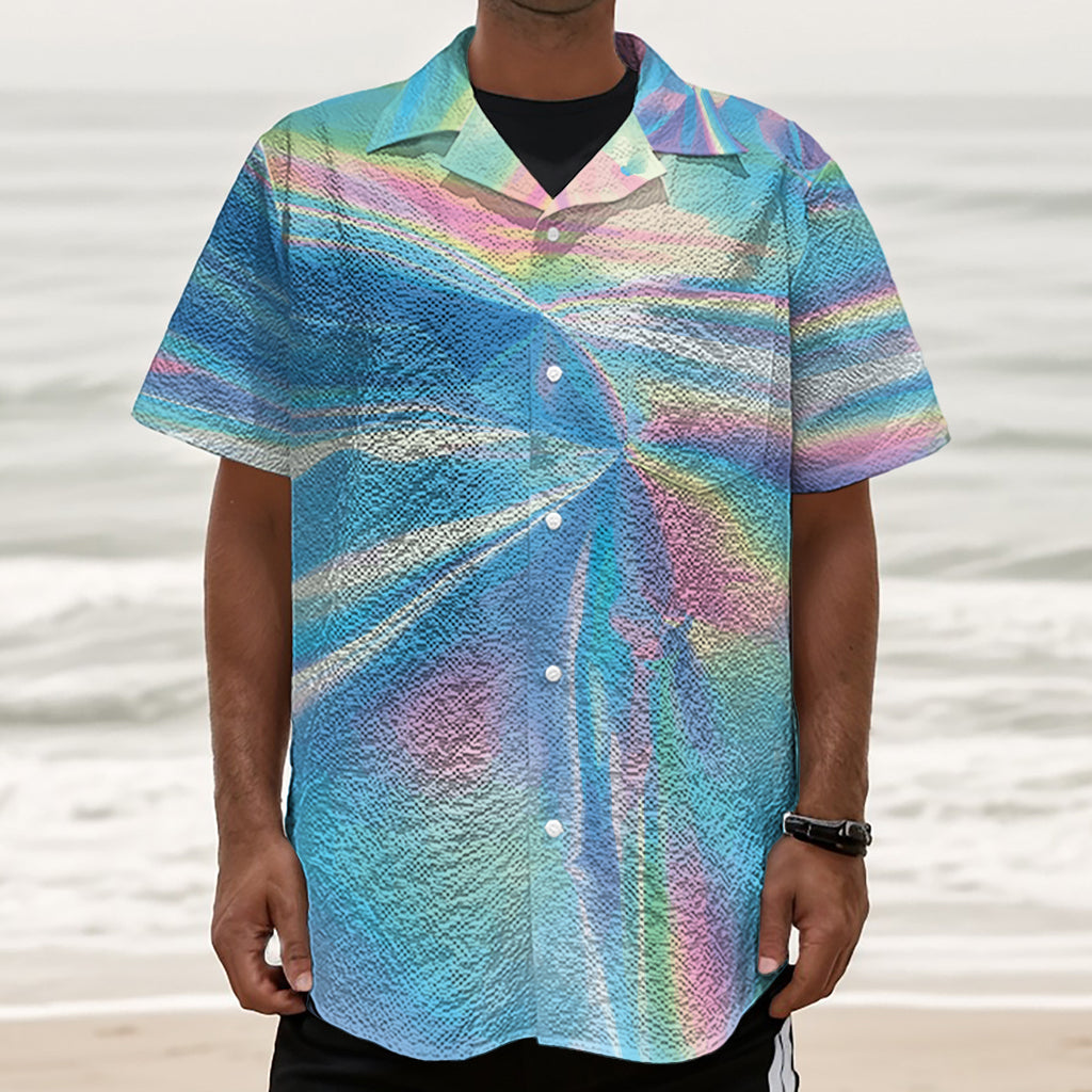 Blue Holographic Print Textured Short Sleeve Shirt