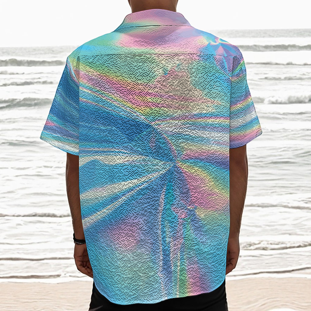 Blue Holographic Print Textured Short Sleeve Shirt