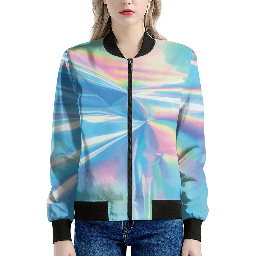 Blue Holographic Print Women's Bomber Jacket