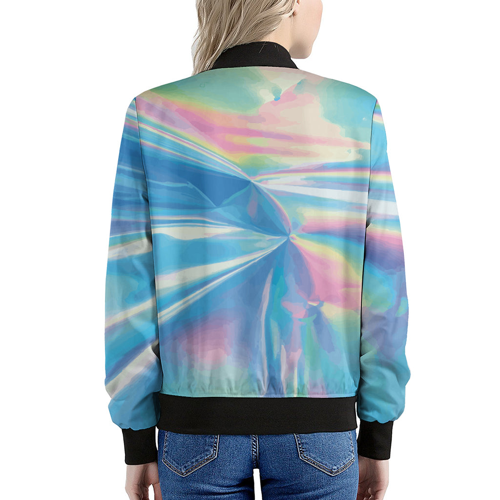 Blue Holographic Print Women's Bomber Jacket