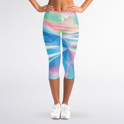 Blue Holographic Print Women's Capri Leggings