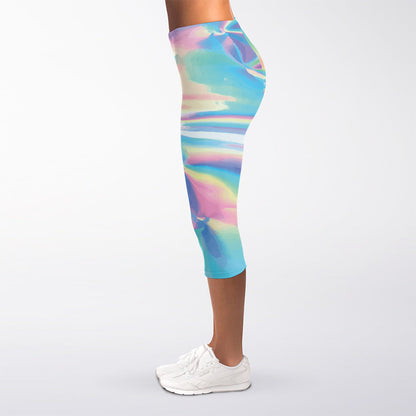 Blue Holographic Print Women's Capri Leggings