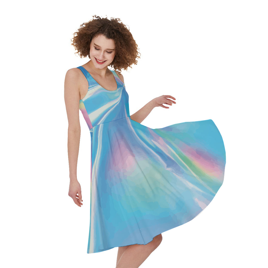 Blue Holographic Print Women's Sleeveless Dress