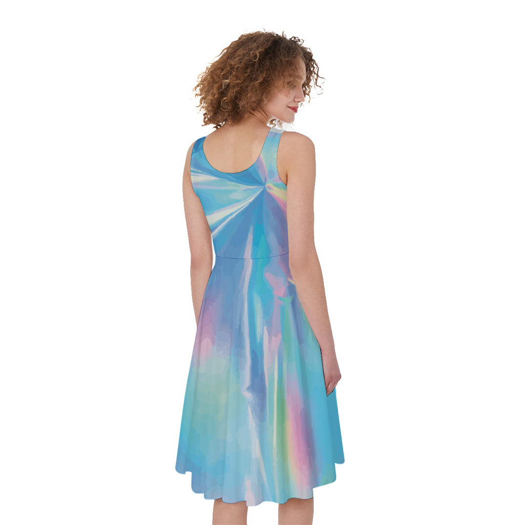 Blue Holographic Print Women's Sleeveless Dress