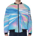 Blue Holographic Print Zip Sleeve Bomber Jacket
