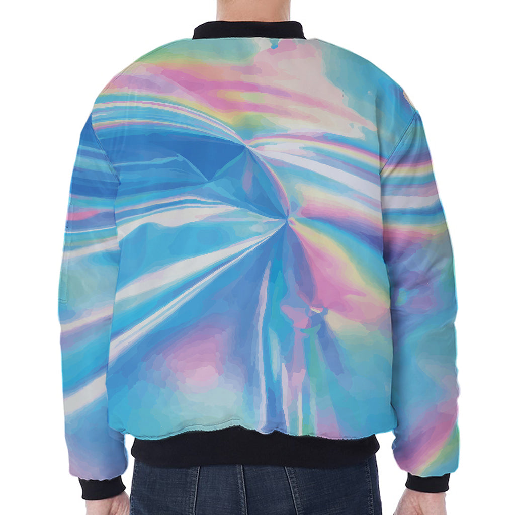 Blue Holographic Print Zip Sleeve Bomber Jacket