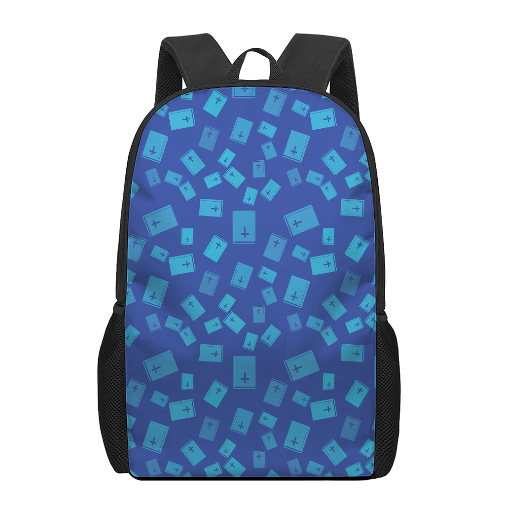 Blue Holy Bible Pattern Print 17 Inch Backpack