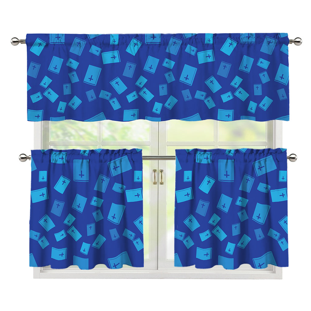 Blue Holy Bible Pattern Print 3 Piece Kitchen Curtains