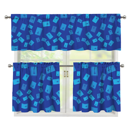 Blue Holy Bible Pattern Print 3 Piece Kitchen Curtains