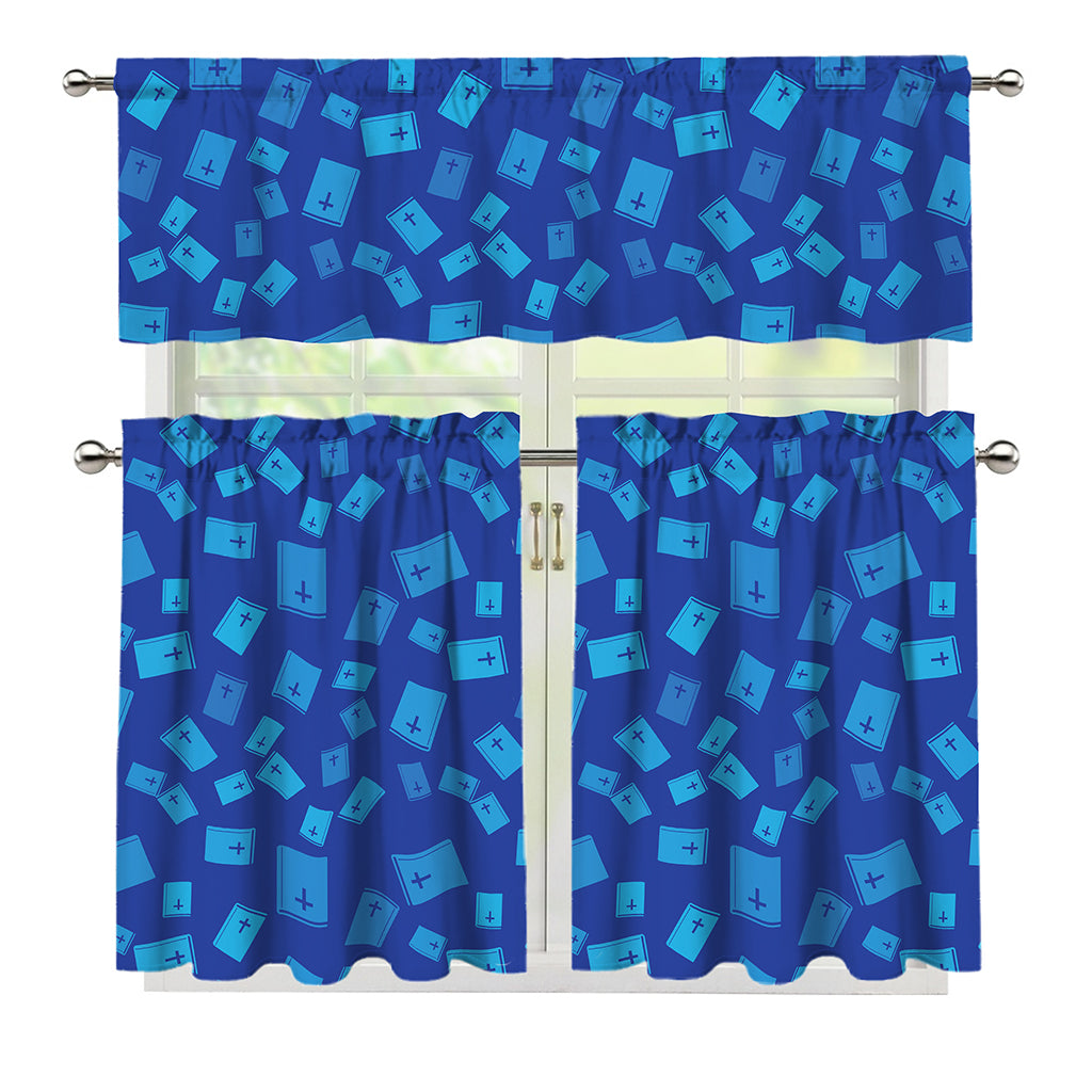 Blue Holy Bible Pattern Print 3 Piece Kitchen Curtains
