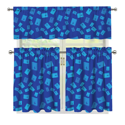 Blue Holy Bible Pattern Print 3 Piece Kitchen Curtains