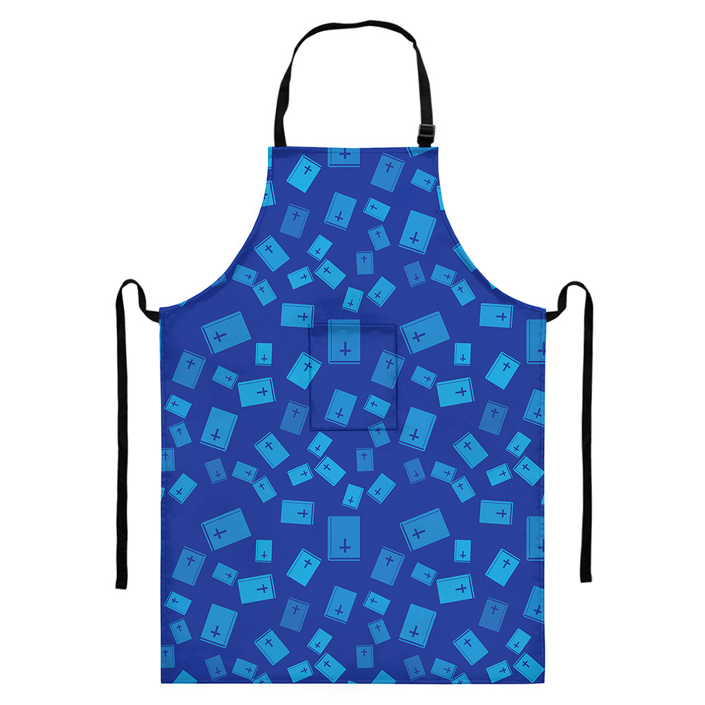Blue Holy Bible Pattern Print Bib Apron With Pocket
