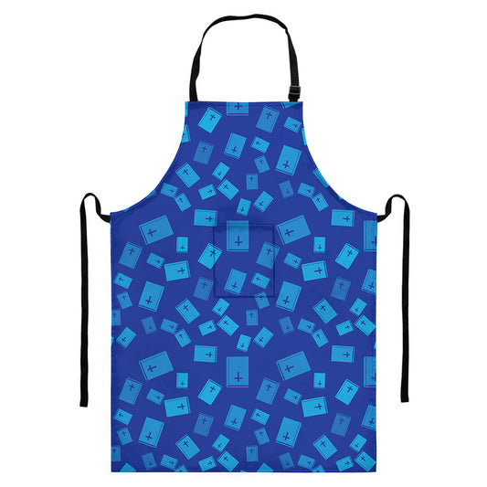 Blue Holy Bible Pattern Print Bib Apron With Pocket