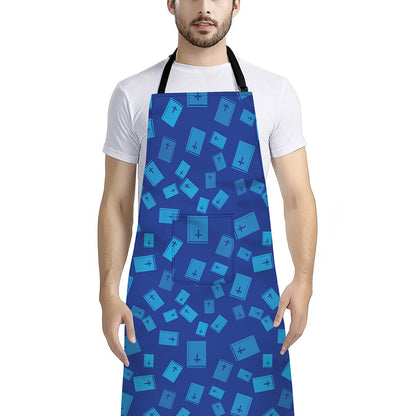Blue Holy Bible Pattern Print Bib Apron With Pocket