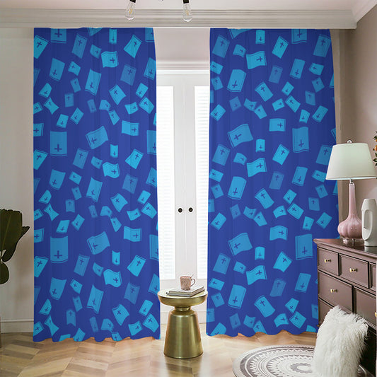 Blue Holy Bible Pattern Print Blackout Pencil Pleat Curtains