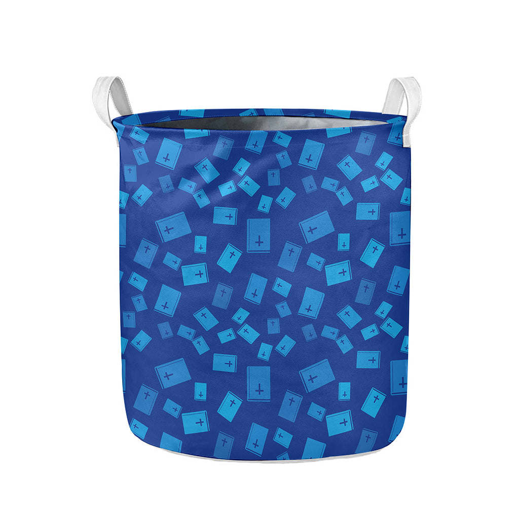 Blue Holy Bible Pattern Print Collapsible Laundry Basket