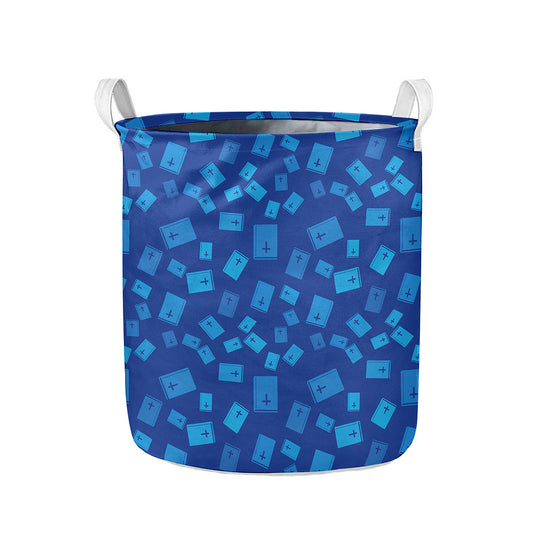 Blue Holy Bible Pattern Print Collapsible Laundry Basket