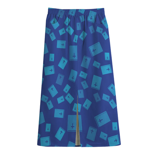 Blue Holy Bible Pattern Print Cotton Front Slit Maxi Skirt