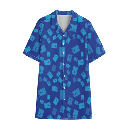 Blue Holy Bible Pattern Print Cotton Hawaiian Shirt
