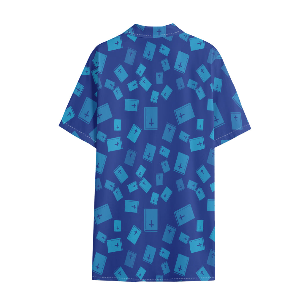 Blue Holy Bible Pattern Print Cotton Hawaiian Shirt
