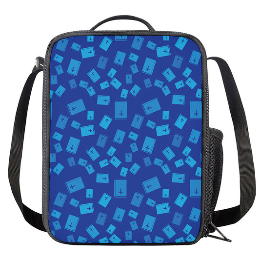 Blue Holy Bible Pattern Print Crossbody Lunch Bag