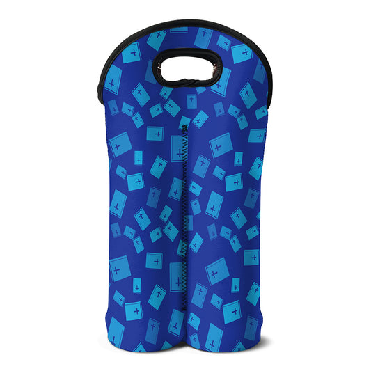 Blue Holy Bible Pattern Print Double Neoprene Wine Tote