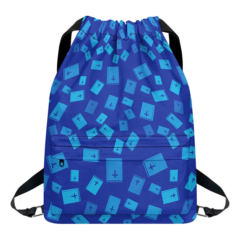 Blue Holy Bible Pattern Print Drawstring Backpack