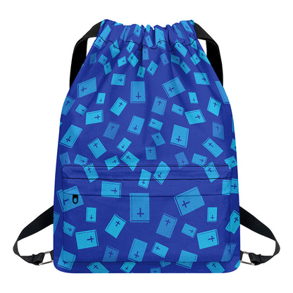 Blue Holy Bible Pattern Print Drawstring Backpack