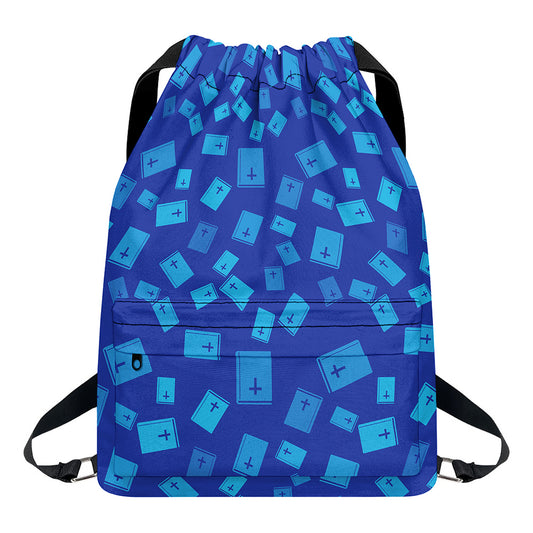 Blue Holy Bible Pattern Print Drawstring Backpack