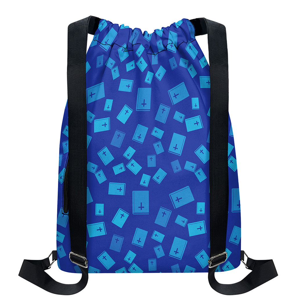 Blue Holy Bible Pattern Print Drawstring Backpack