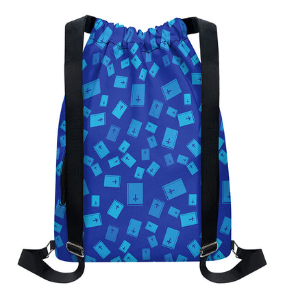 Blue Holy Bible Pattern Print Drawstring Backpack