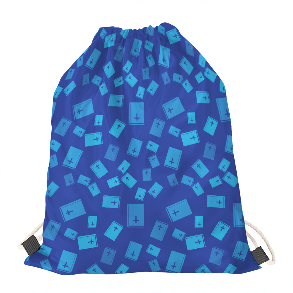 Blue Holy Bible Pattern Print Drawstring Bag