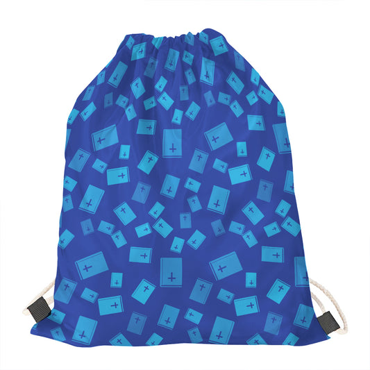 Blue Holy Bible Pattern Print Drawstring Bag