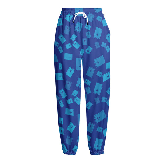 Blue Holy Bible Pattern Print Fleece Lined Knit Pants