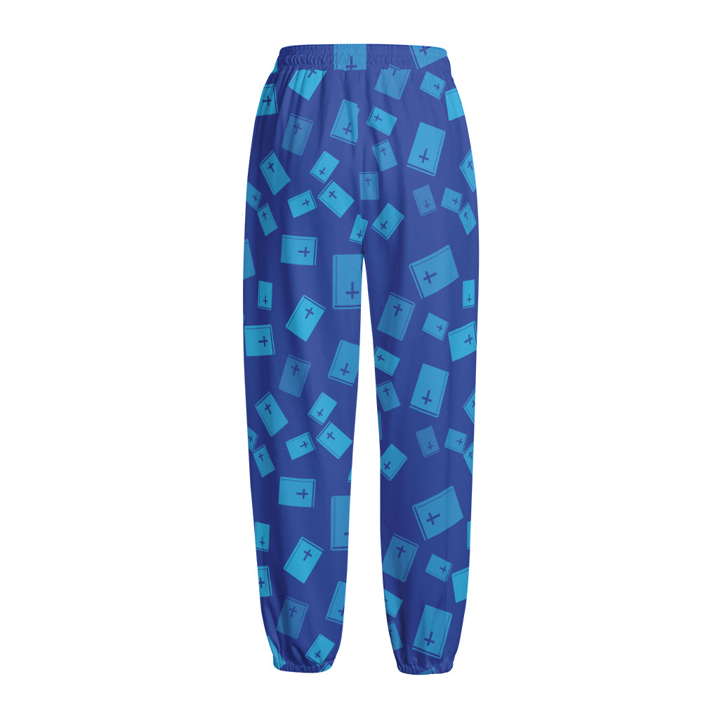 Blue Holy Bible Pattern Print Fleece Lined Knit Pants