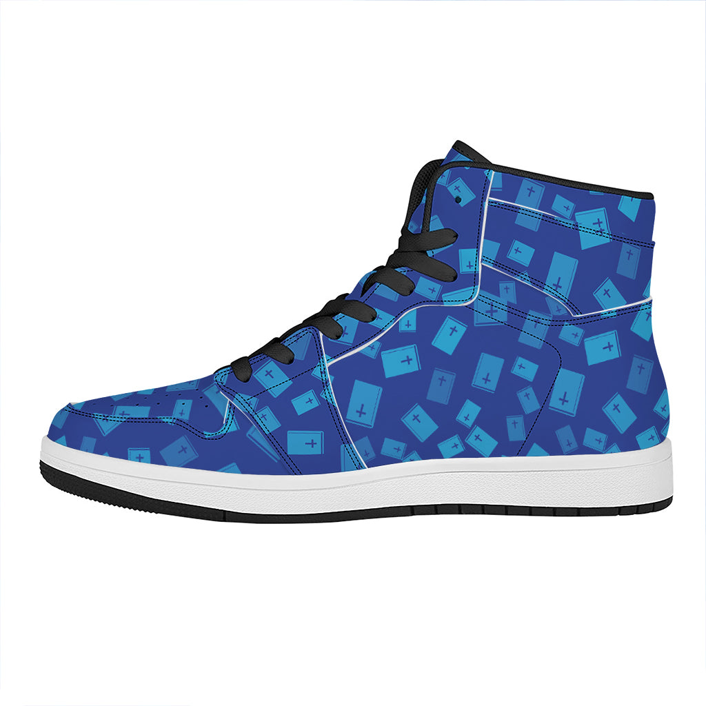 Blue Holy Bible Pattern Print High Top Leather Sneakers