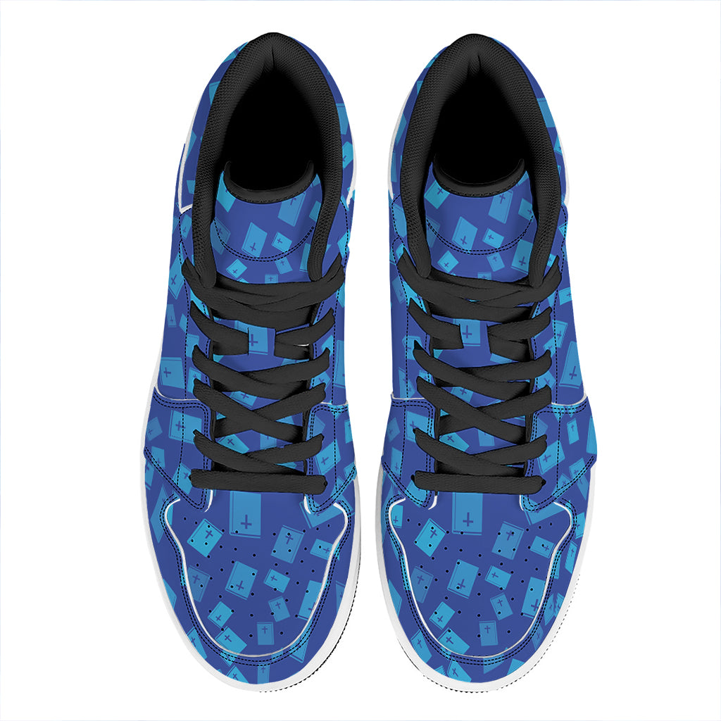 Blue Holy Bible Pattern Print High Top Leather Sneakers