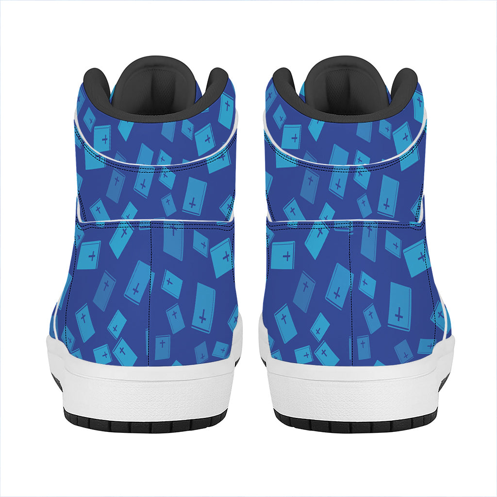 Blue Holy Bible Pattern Print High Top Leather Sneakers