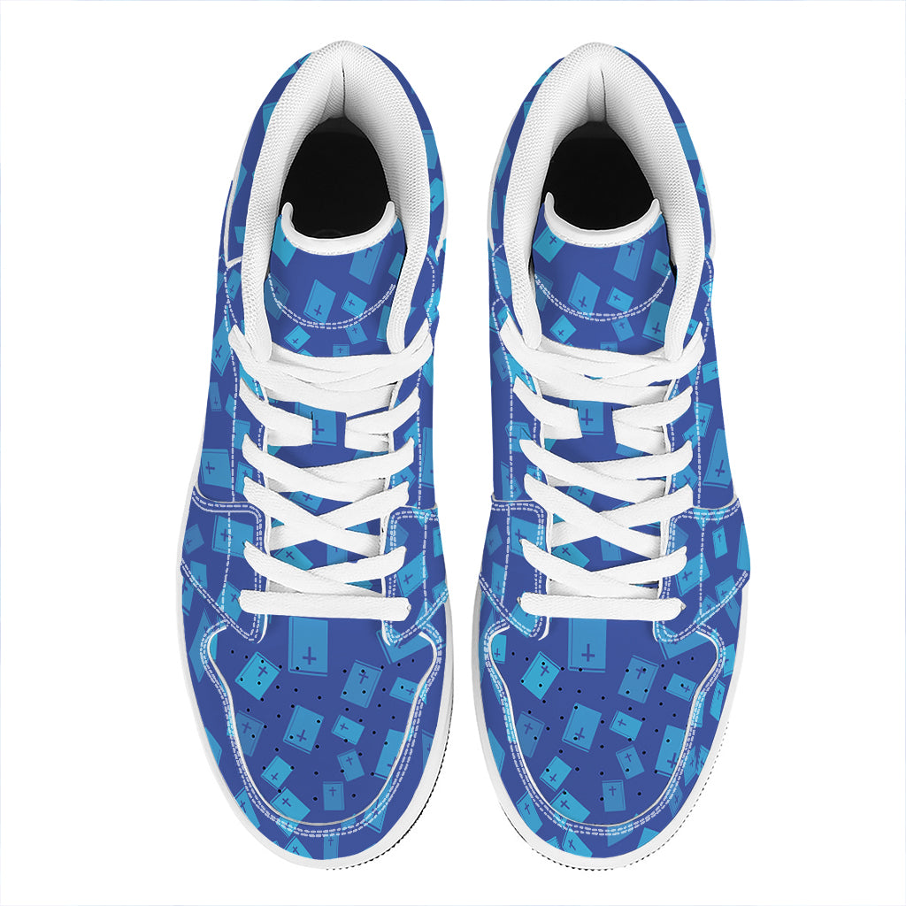 Blue Holy Bible Pattern Print High Top Leather Sneakers