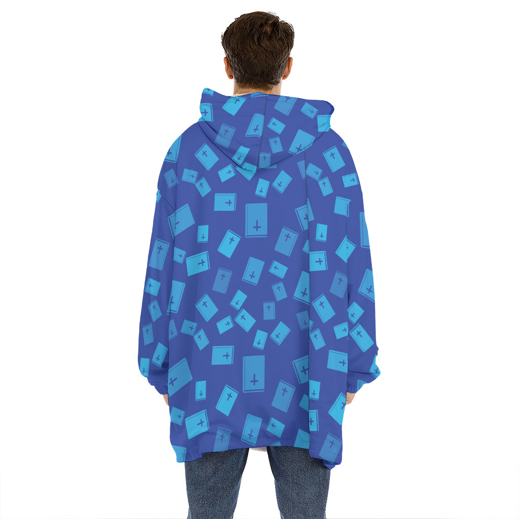Blue Holy Bible Pattern Print Hoodie Blanket