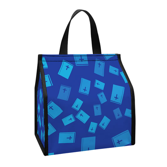Blue Holy Bible Pattern Print Insulated Lunch Tote