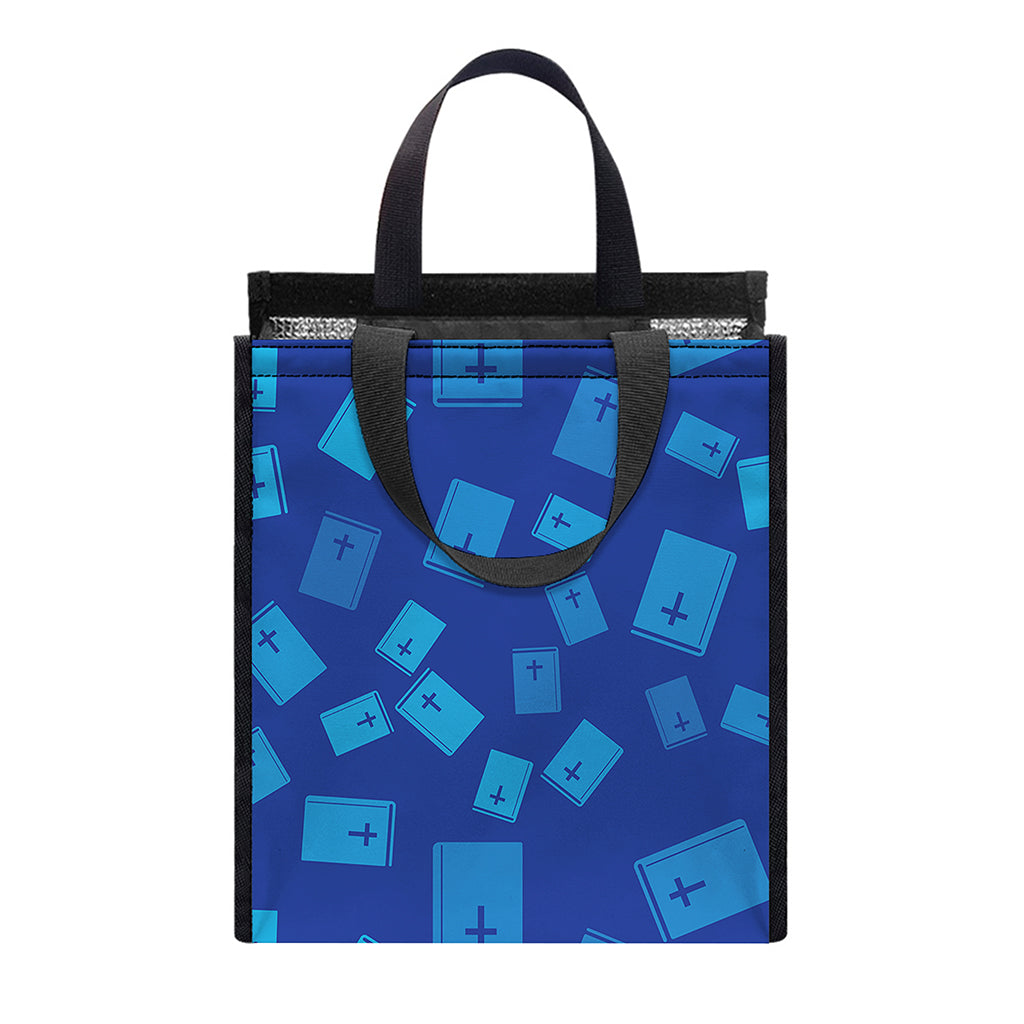 Blue Holy Bible Pattern Print Insulated Lunch Tote