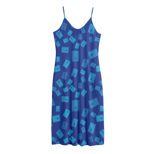 Blue Holy Bible Pattern Print Jersey Midi Cami Dress