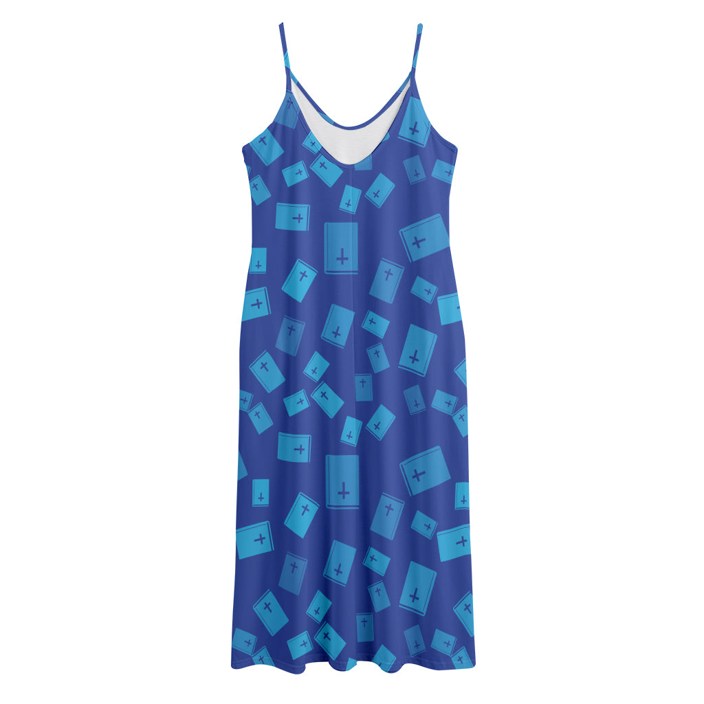 Blue Holy Bible Pattern Print Jersey Midi Cami Dress