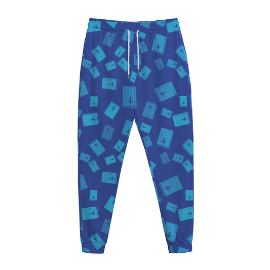 Blue Holy Bible Pattern Print Jogger Pants